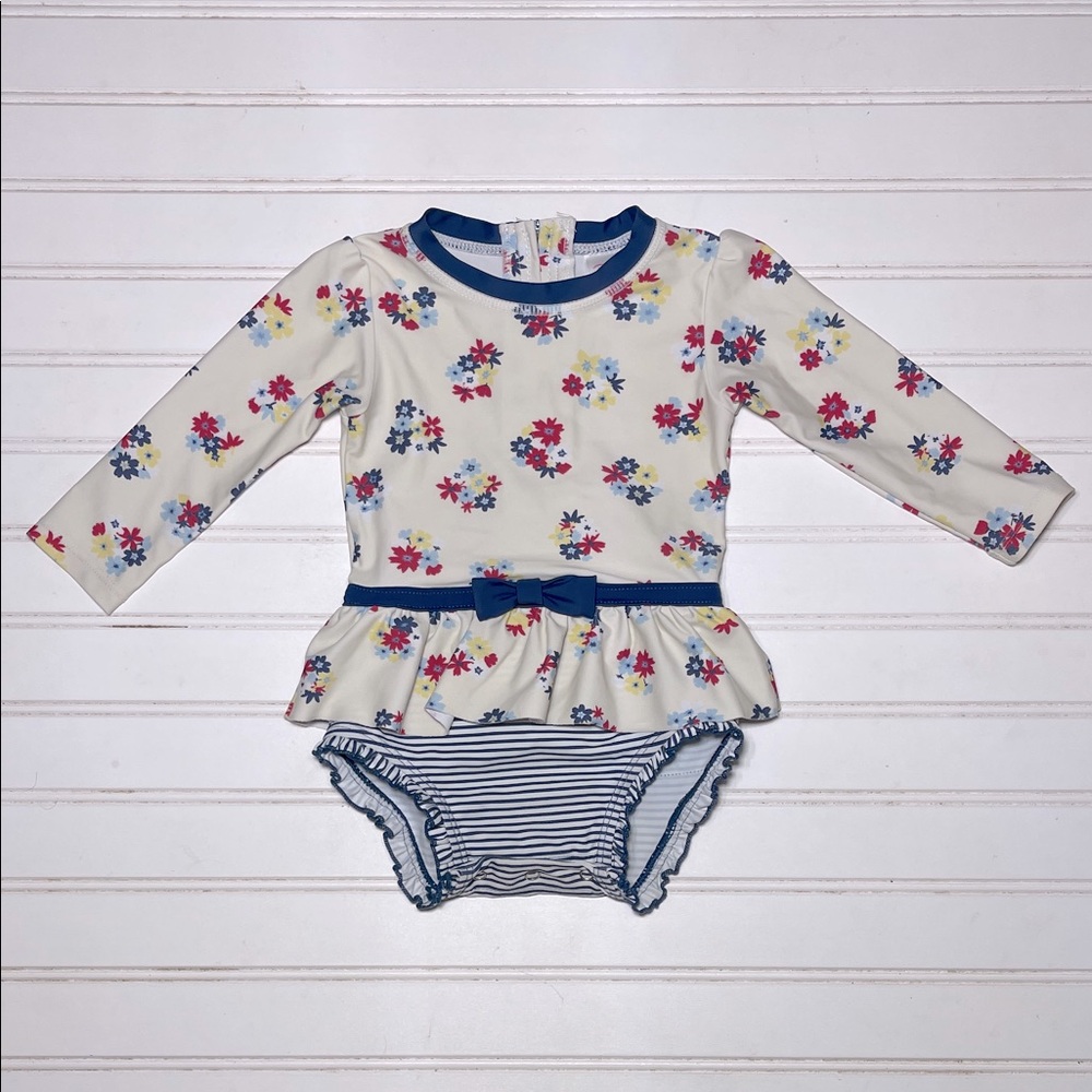 RUFFLE BUTTS VGUC Floral Striped Pattern Blocked Ruffle Rashguard Swimsuit